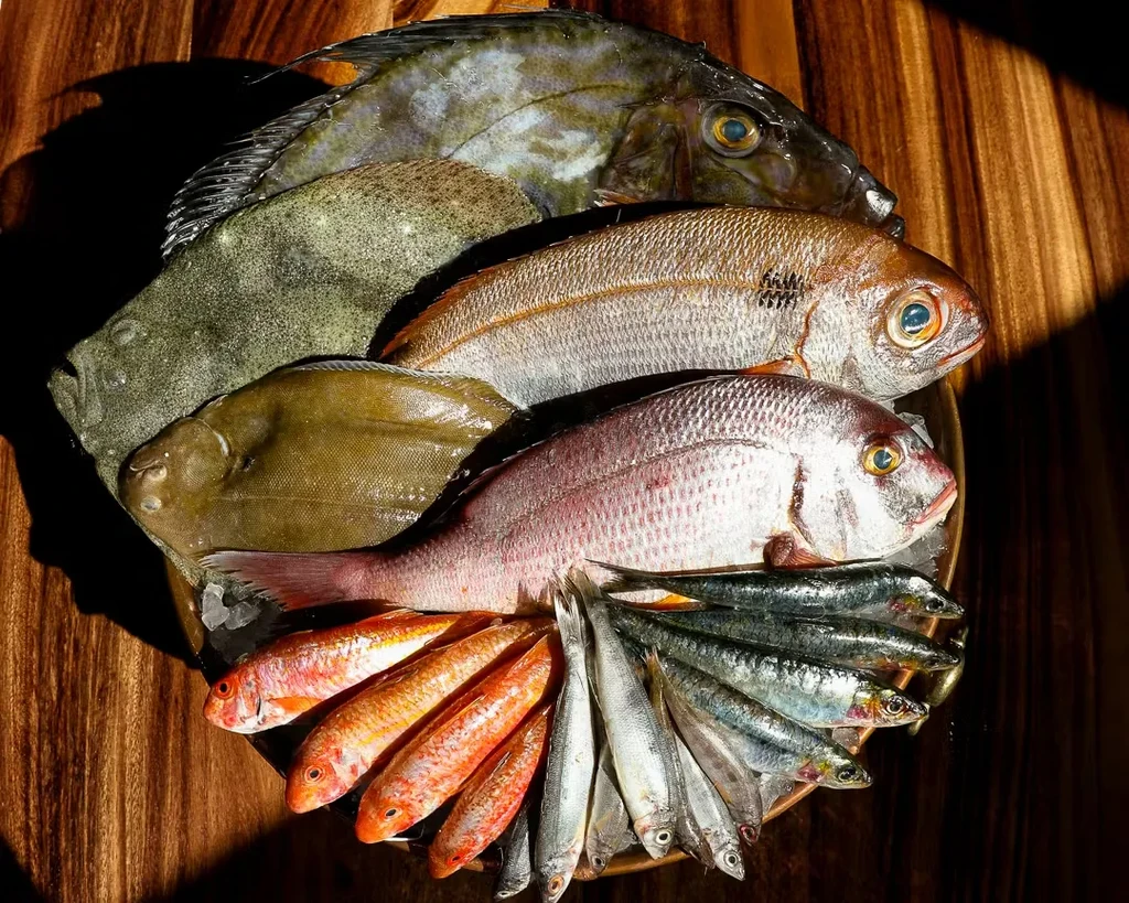 Variety of fresh whole fish on a circular platter.