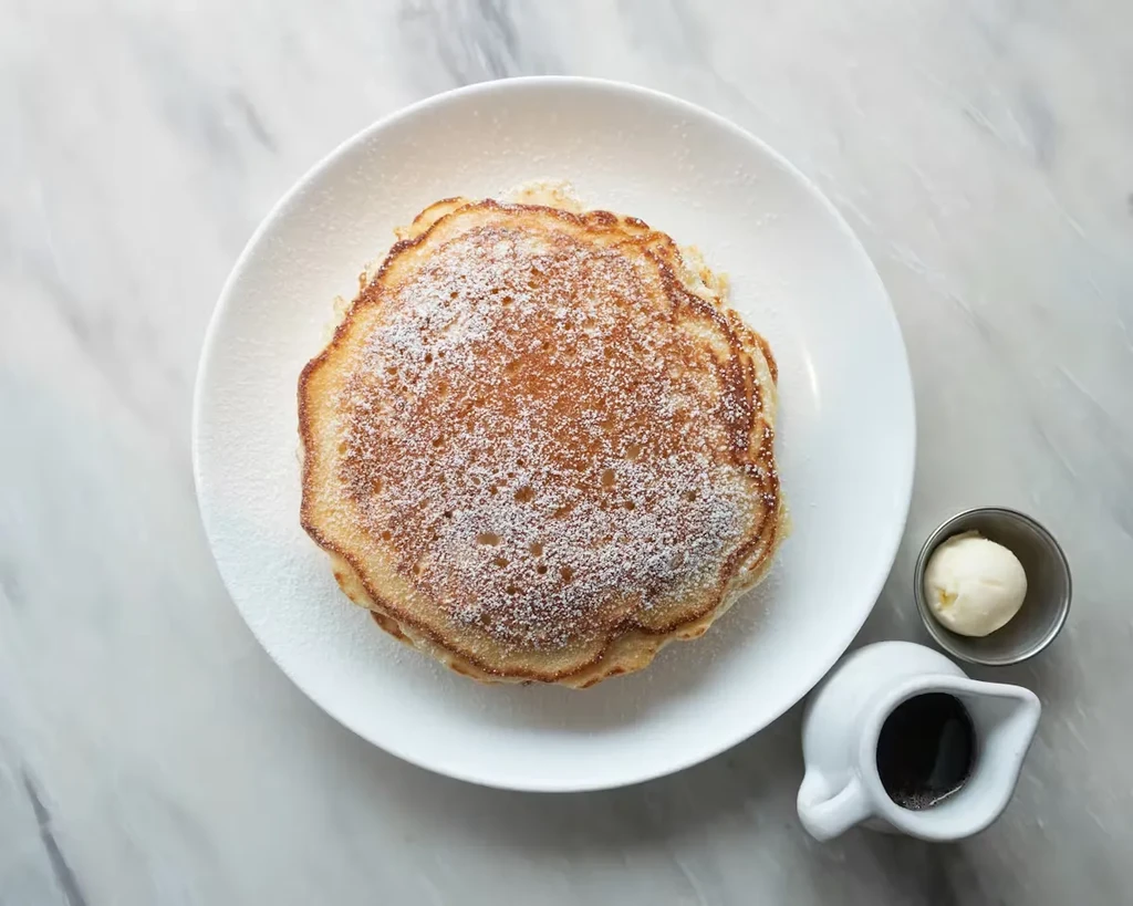 Golden-brown pancakes with powdered sugar, butter, and syrup.