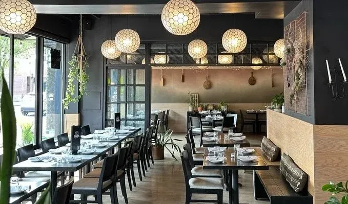 Modern restaurant dining area with varied seating, plants, and warm lighting.