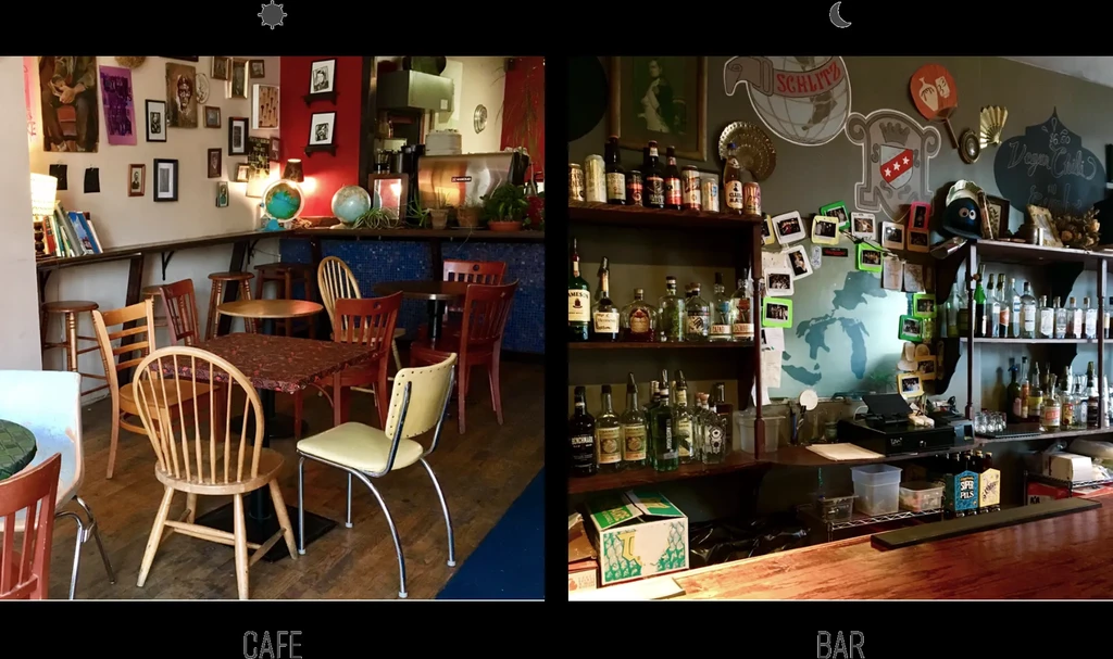 Rustic cafe with framed art, next to a bar with shelves of liquor.