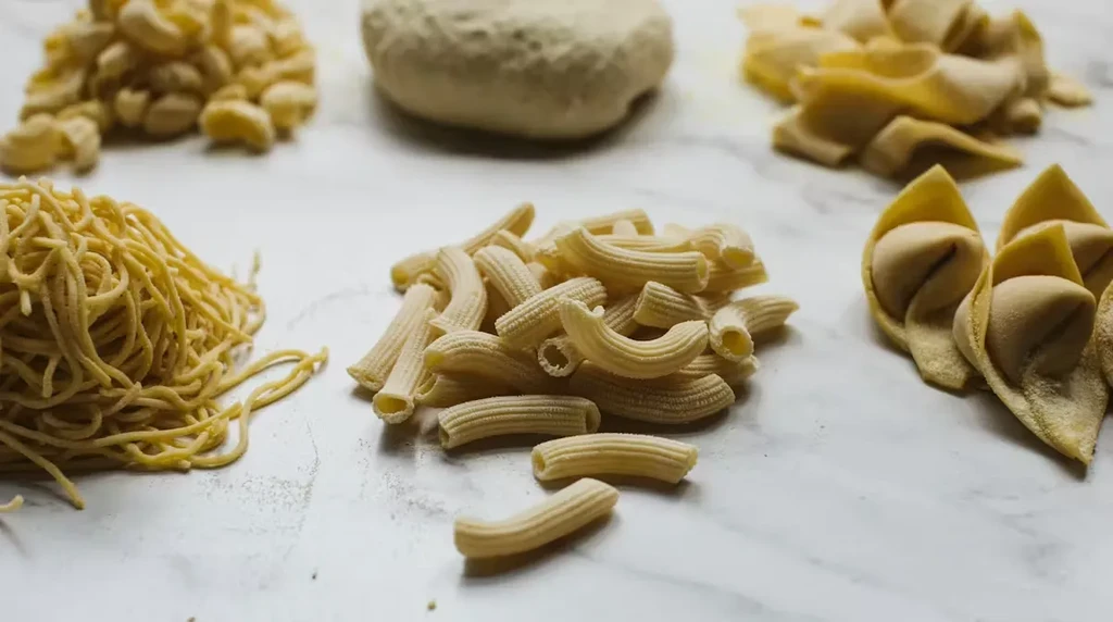 A variety of fresh, uncooked pasta types on a light surface.