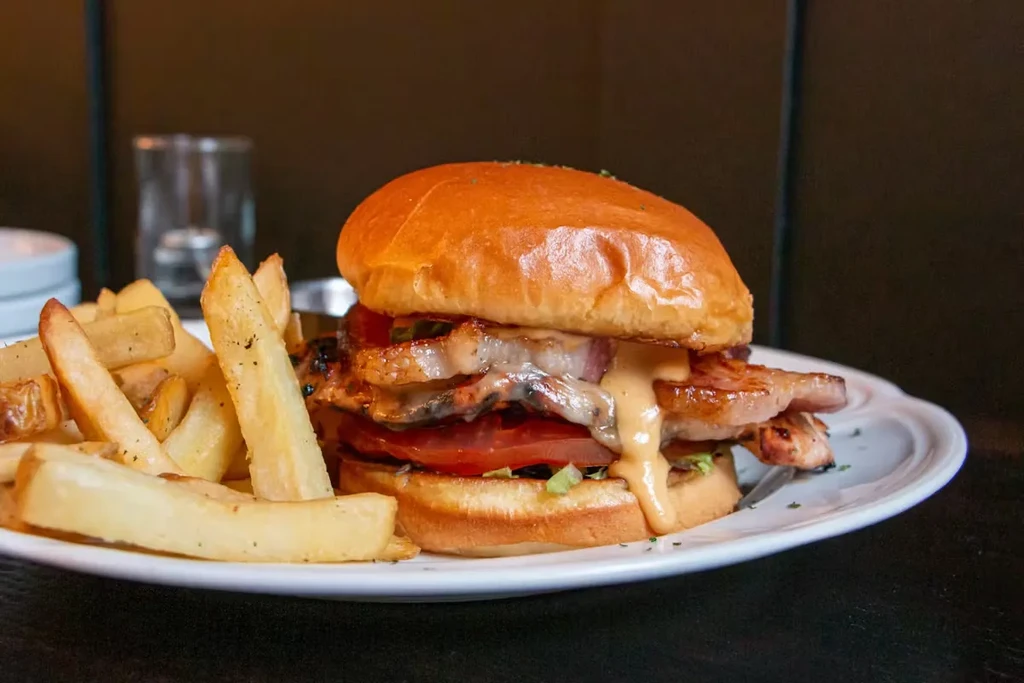Gourmet burger with fries on a white plate.