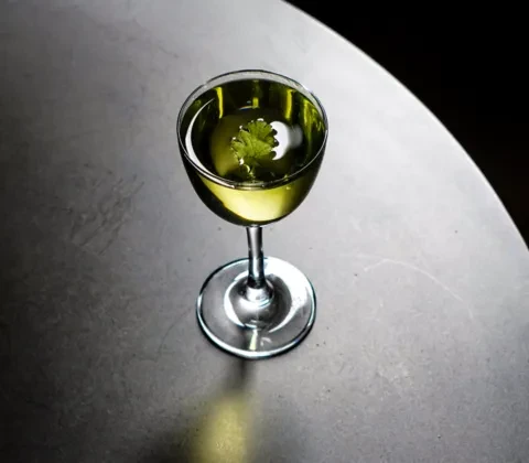 Coupe glass with yellowish-green drink and a single green leaf.