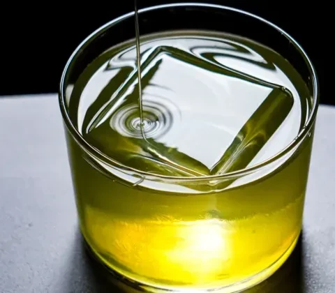 Close-up of yellowish-green liquid pouring into glass with ice cube.