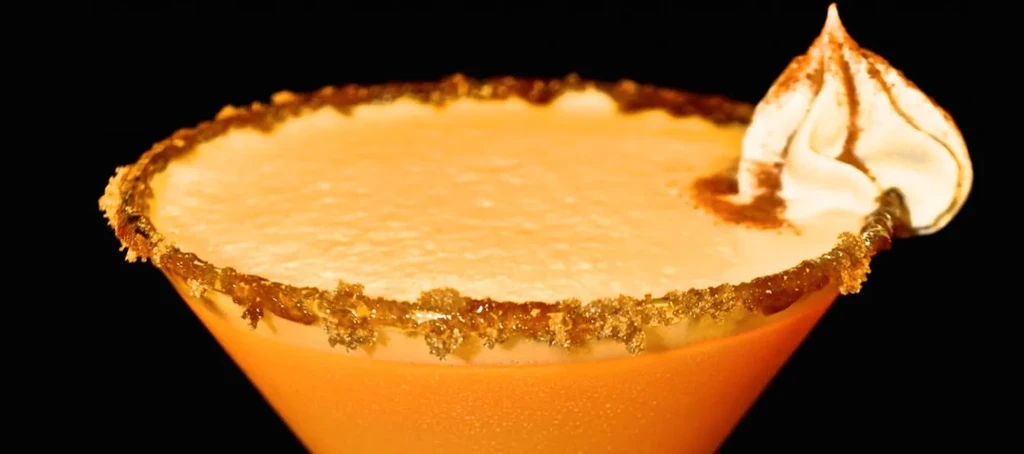 Creamy peach cocktail in martini glass with sugared rim and whipped topping.