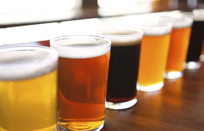 Close-up of a beer flight showing diverse colors, from pale to dark.