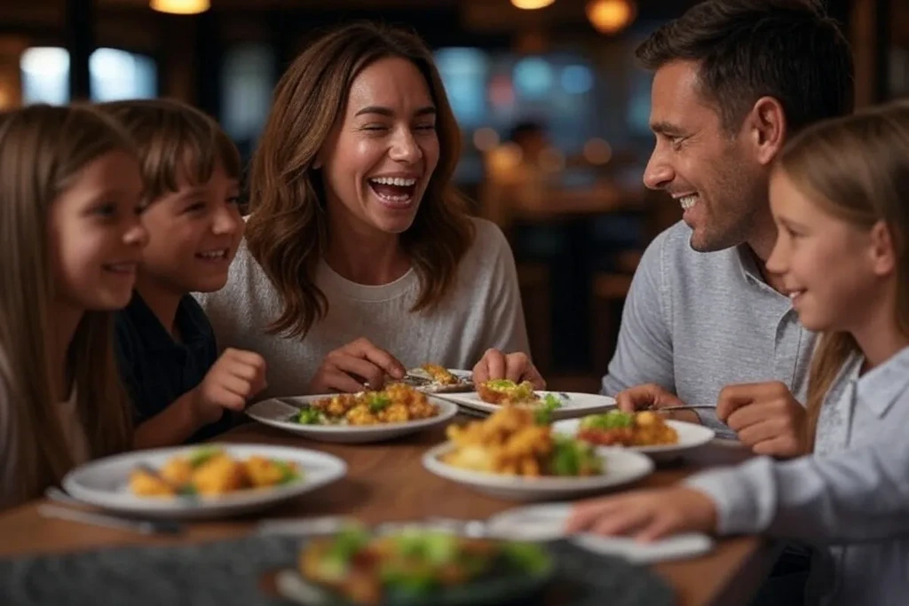 Family of five laughing together while dining in a restaurant.