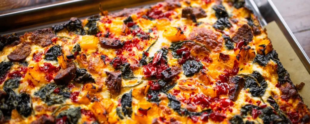 Baked deep-dish pizza with roasted vegetables and sausage.