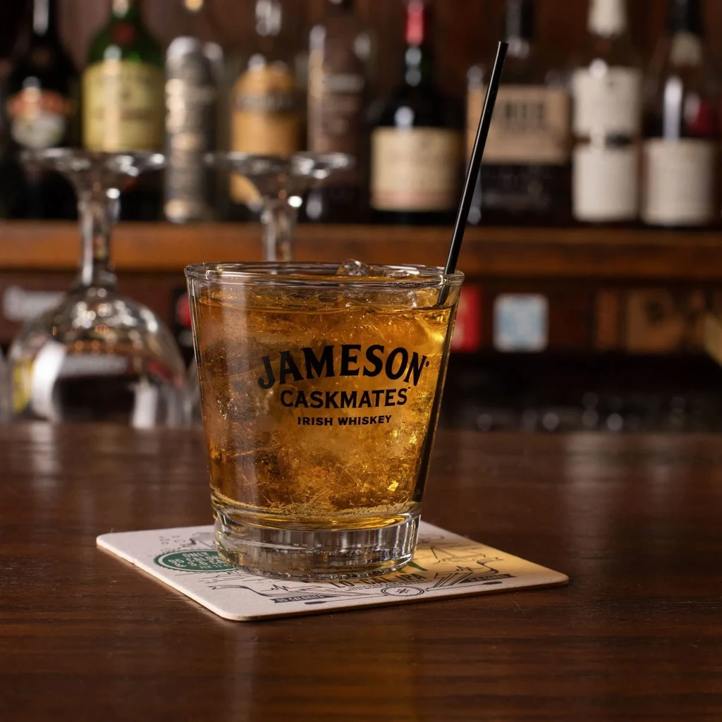 Jameson Caskmates whiskey with ice and straw on a bar.