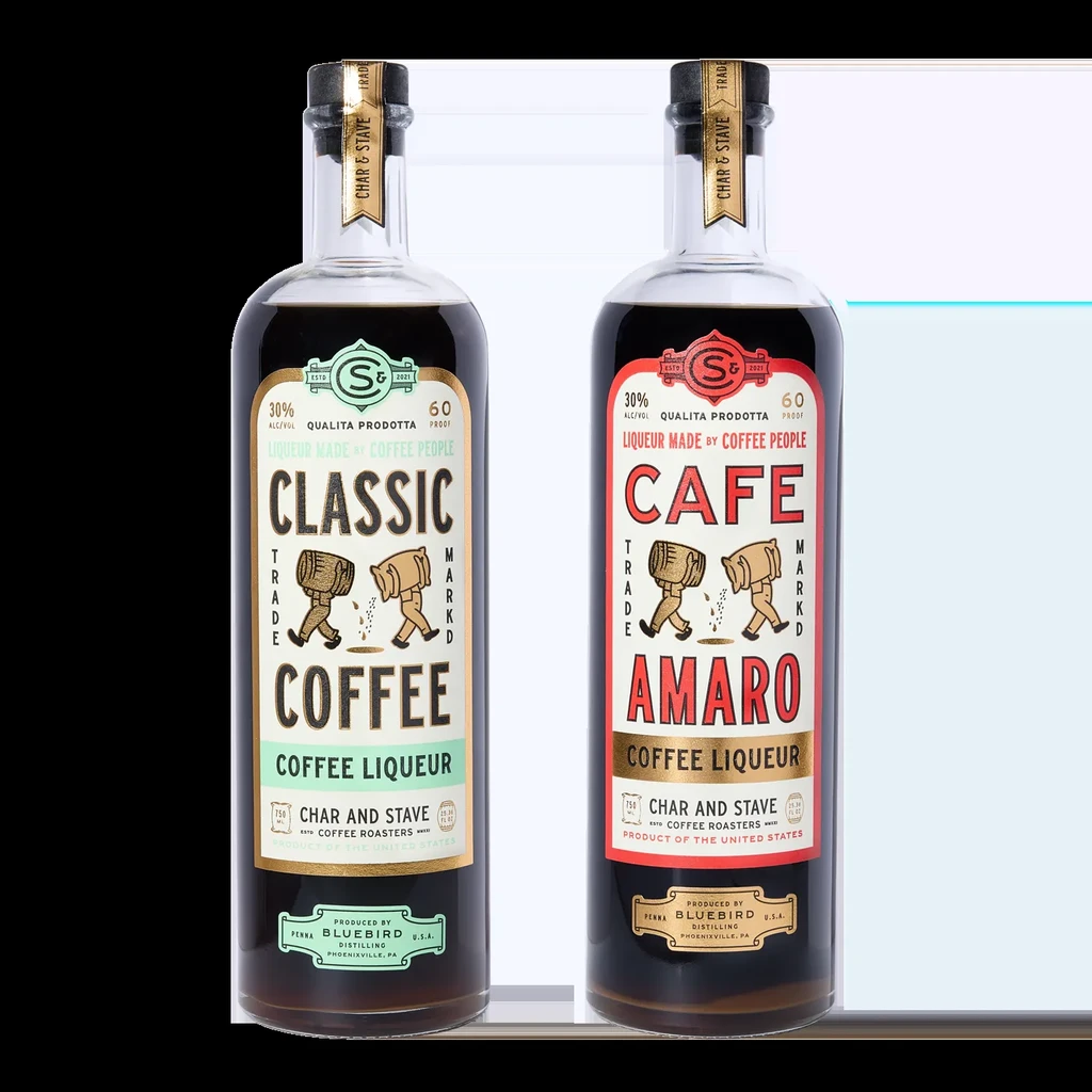 Two distinct coffee liqueur bottles, Classic and Cafe Amaro, on a gradient background.