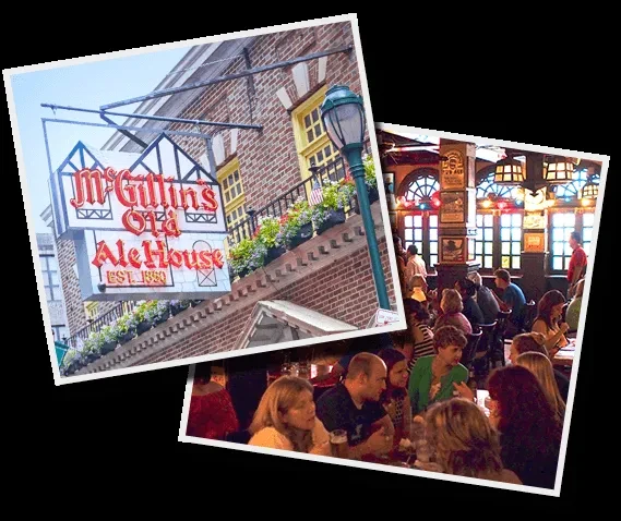 Composite of historic McGillin's Old Ale House exterior and bustling interior.