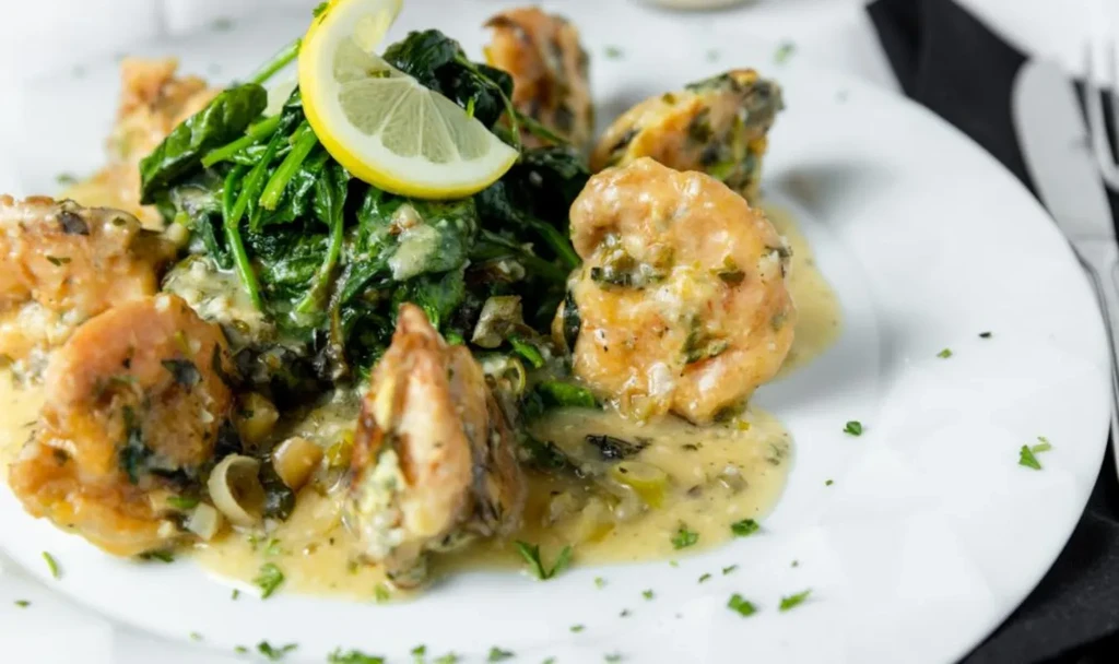Plated chicken or shrimp with creamy sauce, spinach, and lemon.
