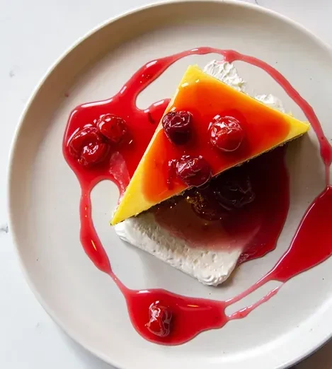 Dessert slice with orange-red glaze, cherries, red coulis, and whipped cream.