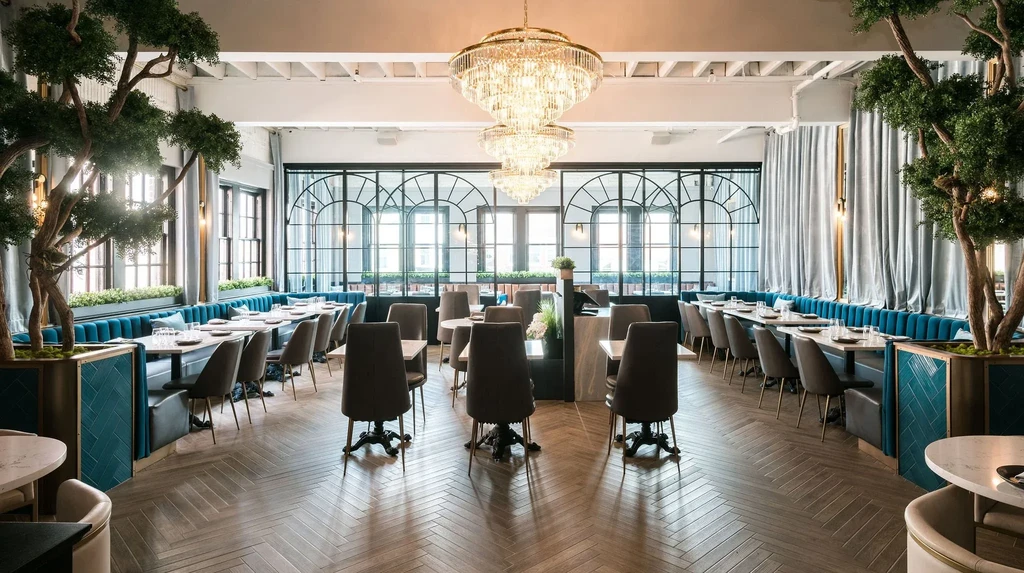 Upscale modern restaurant dining room with crystal chandeliers and teal banquettes.