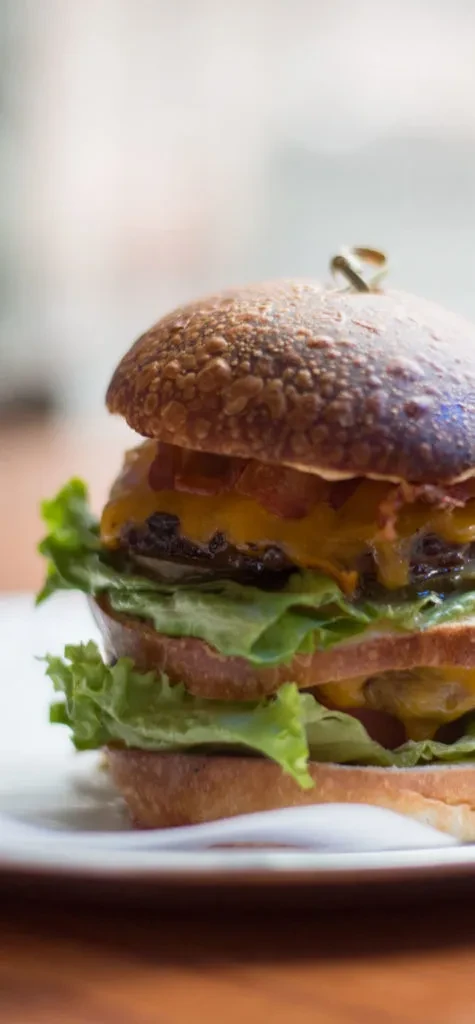 Gourmet burger with melted cheese, beef patty, and fresh lettuce.