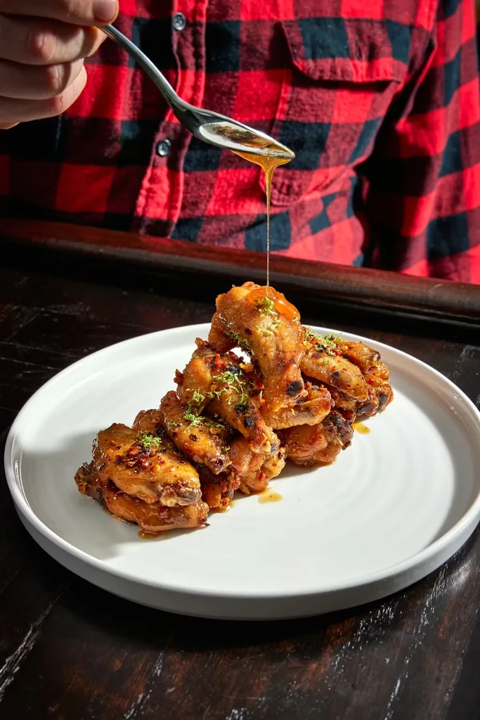 Hand drizzling golden sauce onto garnished fried chicken wings.