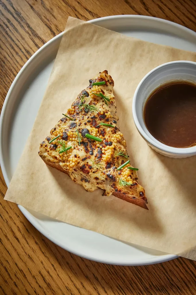 Grilled triangular toast with creamy topping, herbs, mustard seeds, and sauce.
