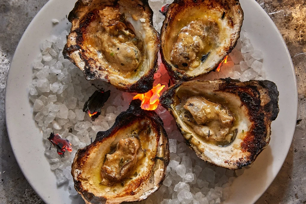 Four grilled oysters on half shells, surrounded by glowing coals.