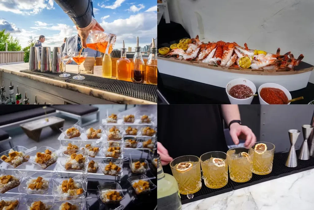 Collage of four professional restaurant images: cocktails, seafood, catered food.
