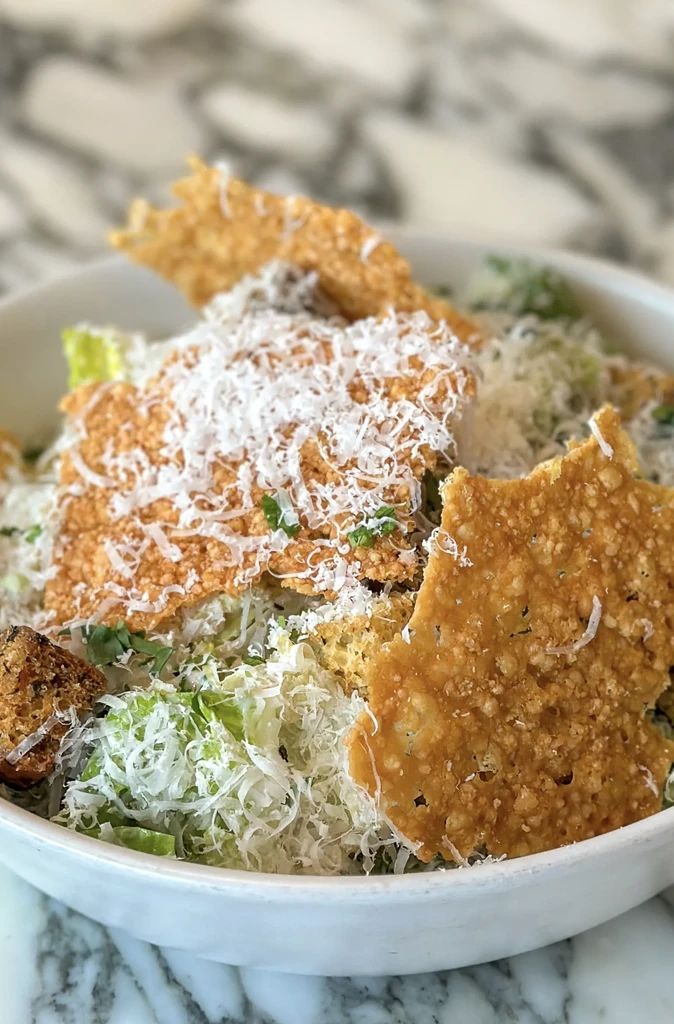 Close-up of Caesar salad in a white bowl with grated cheese and croutons.