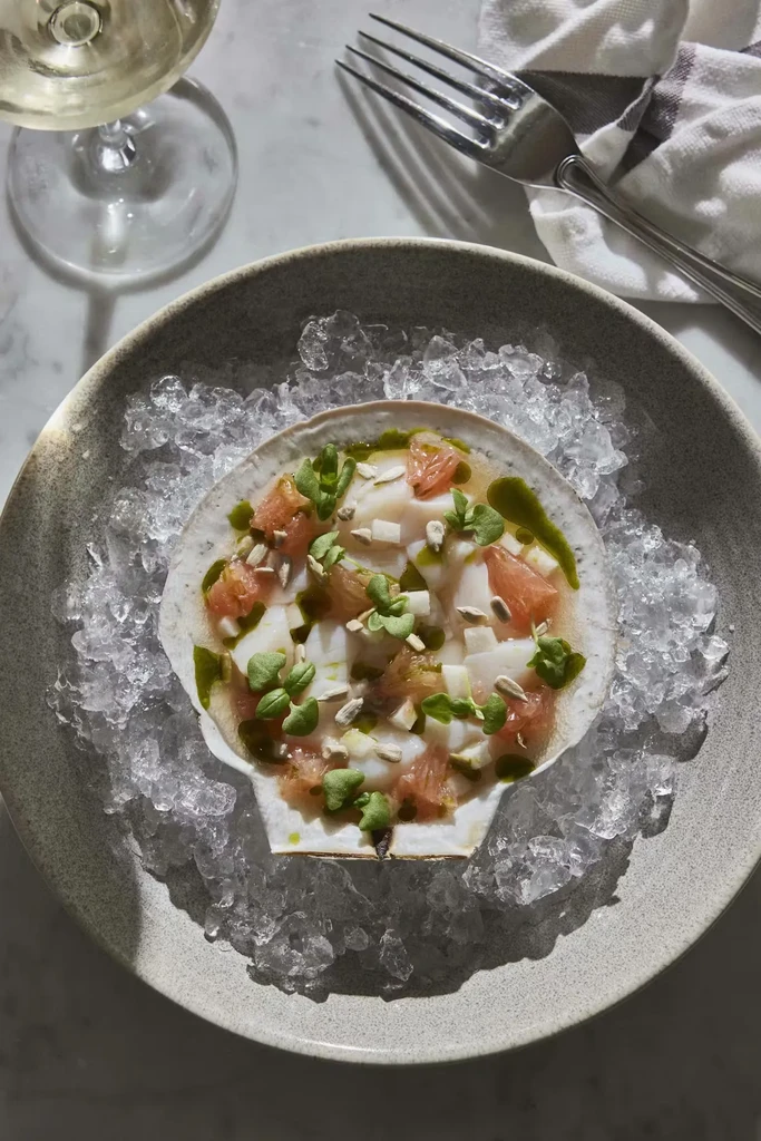 Overhead: Scallop ceviche with grapefruit, microgreens, in shell on ice.