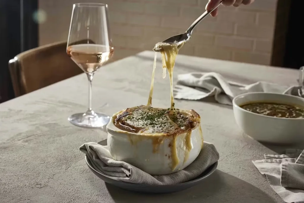 French onion soup with golden cheese crust, spoon lifting stringy cheese.