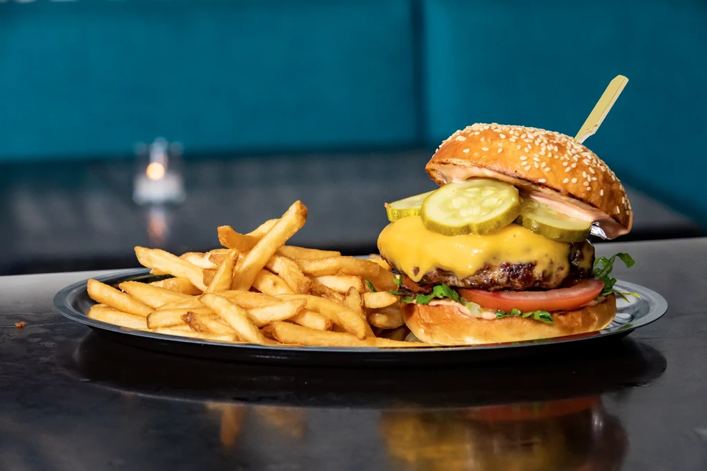 Classic cheeseburger, melted cheese, and golden fries on a dark plate.