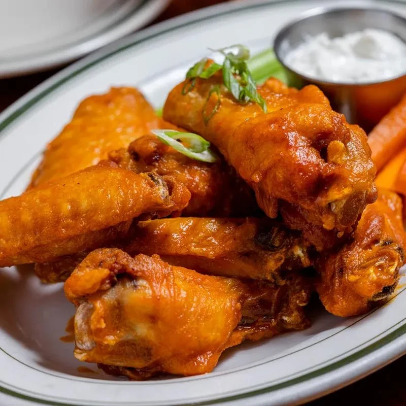 Plate of Buffalo chicken wings with creamy dip and vegetables.