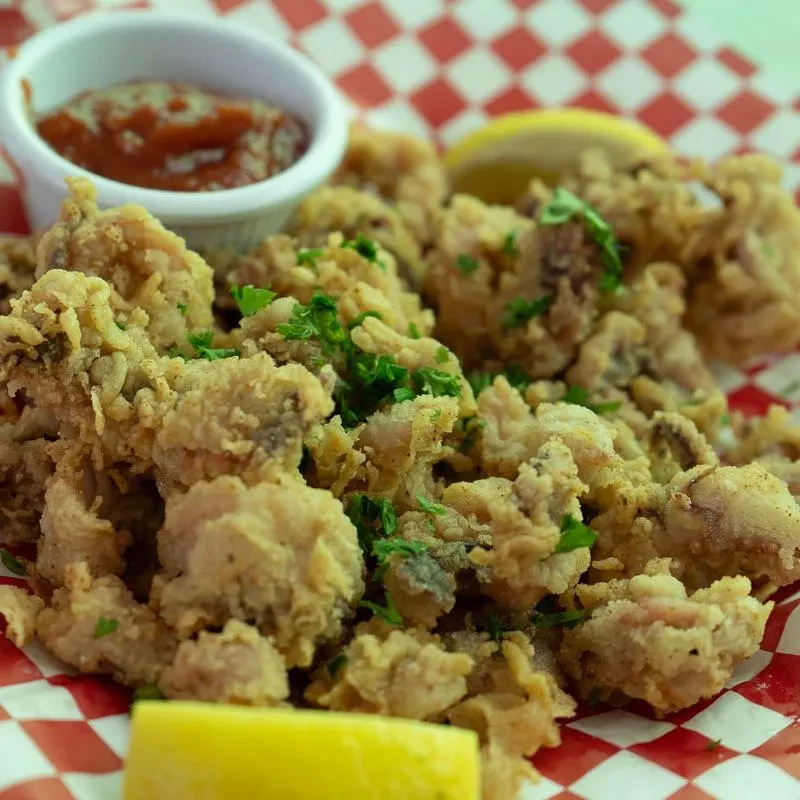Close-up: fried calamari with herbs, lemon, and sauce on checkered paper.