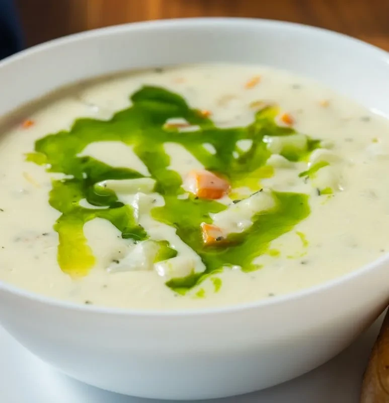 White bowl of creamy vegetable soup with a green herb oil swirl.