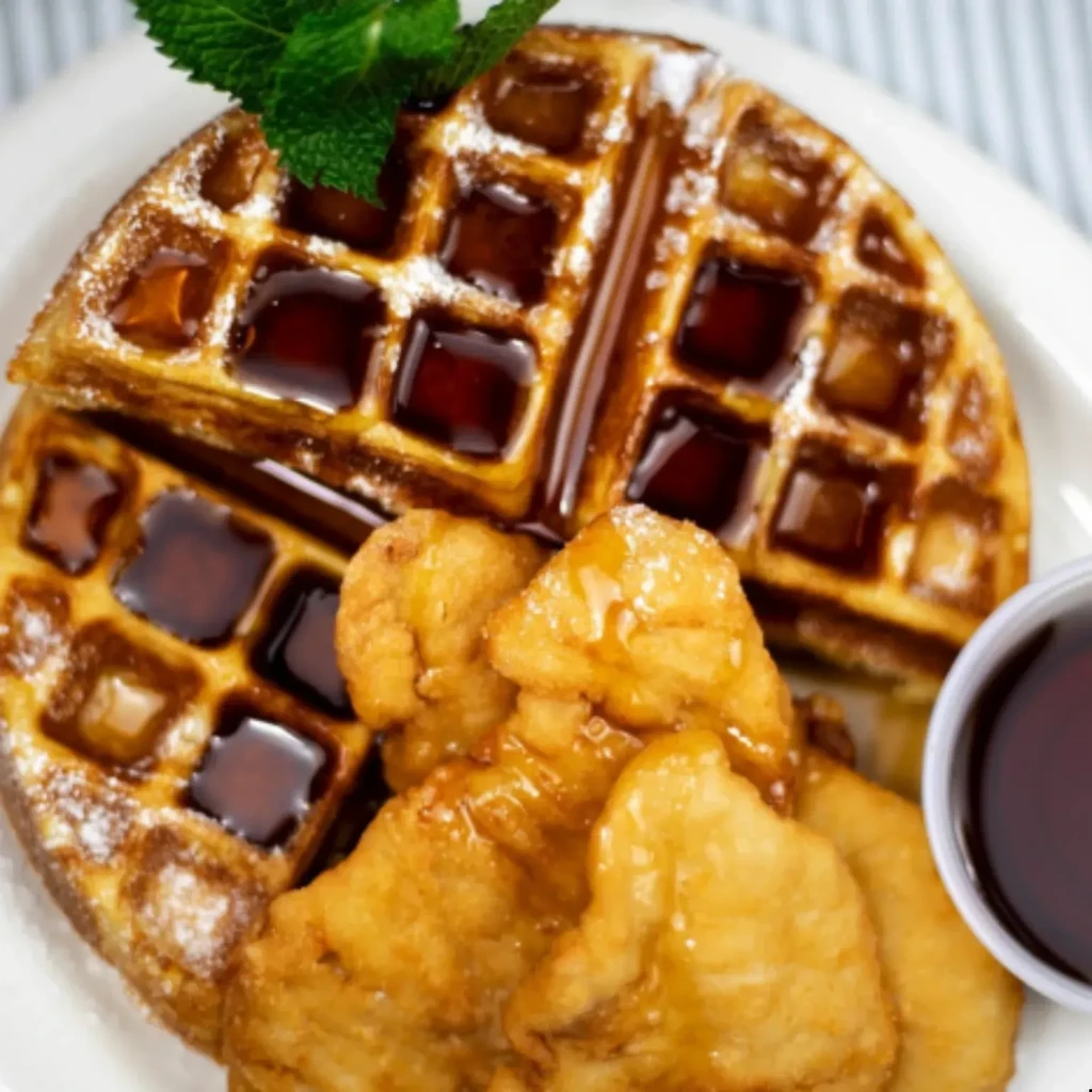Close-up of chicken and waffles with syrup and mint garnish.