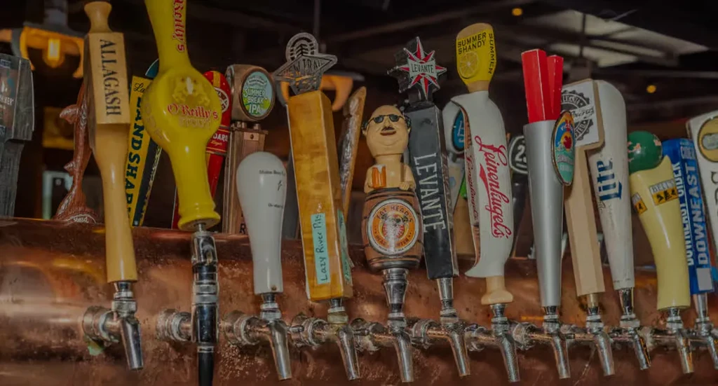Diverse beer tap handles line a polished, reddish-brown bar.