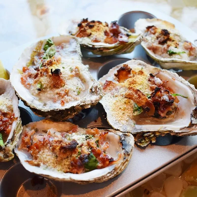 Baked oysters in shells, topped with creamy sauce, bacon, and herbs.