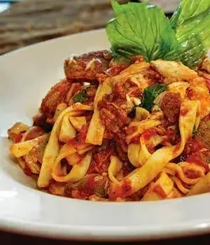 Close-up of fettuccine pasta with tomato sauce, shredded chicken, and basil.