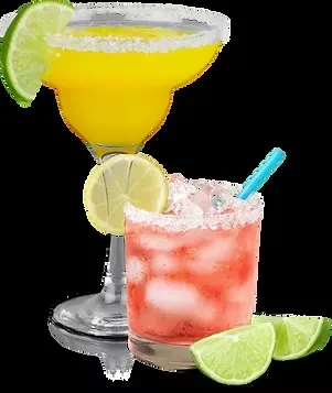 Yellow and pink cocktails with limes and salted rims on black.