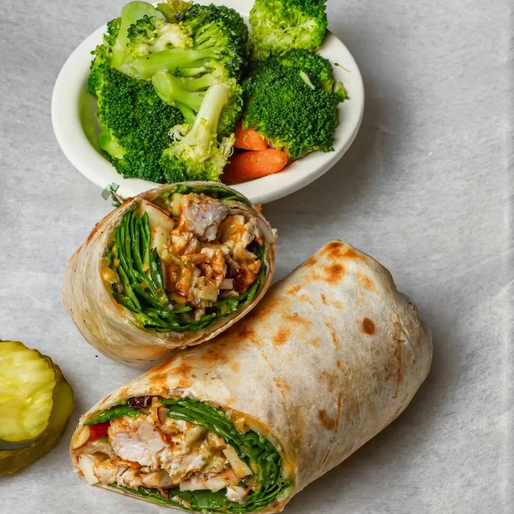 Meal of a sliced chicken wrap, broccoli, carrots, and a pickle.