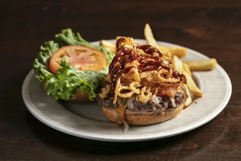 Open-faced gourmet burger with fries, bacon, cheese, and fried onions.