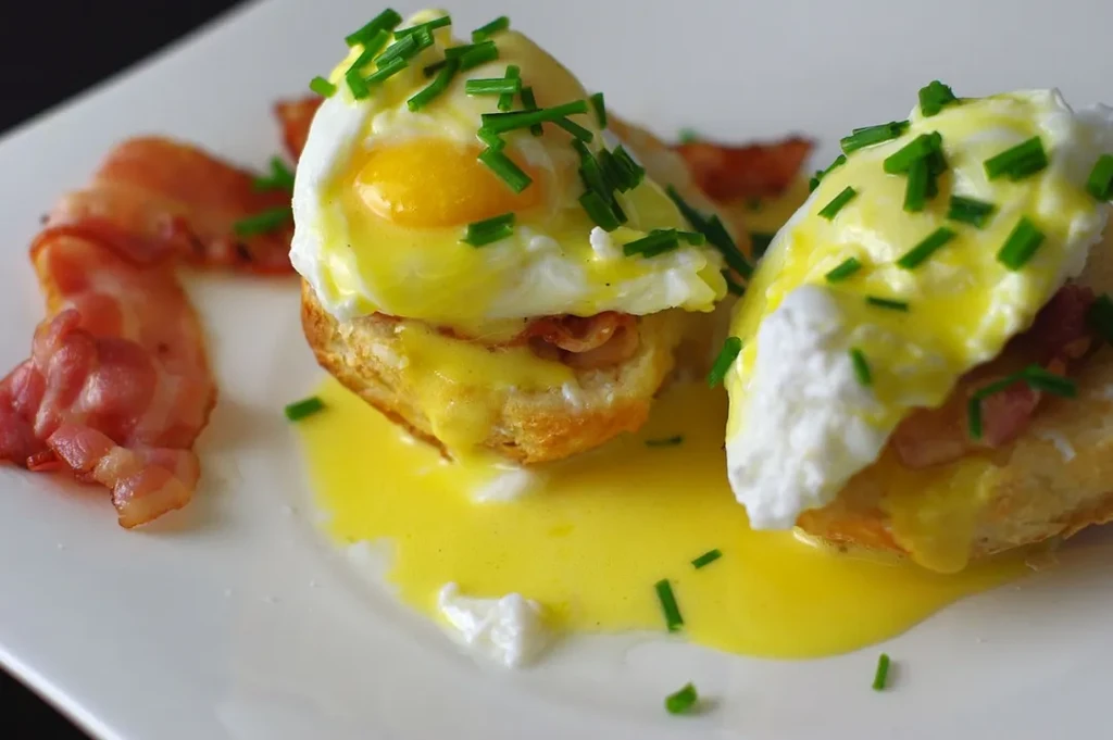 Two Eggs Benedict with runny yolks, bacon, Hollandaise, and chives.