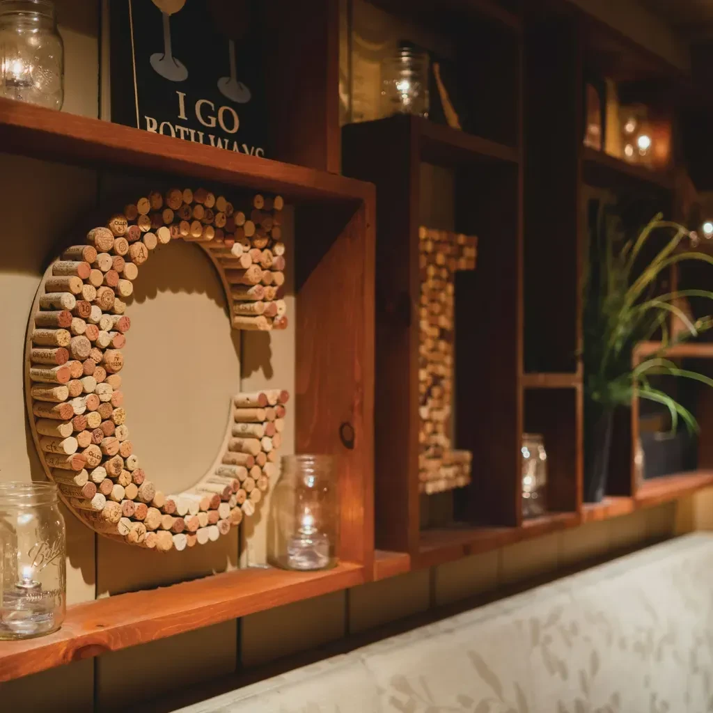 Decorative wall with a large 'C' made from wine corks on a shelf.