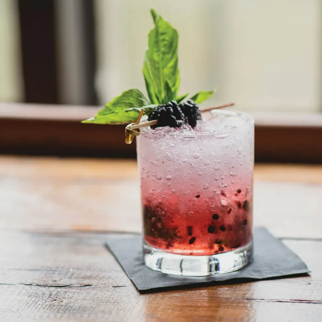 Reddish-pink berry cocktail with crushed ice, garnished with basil and blackberries.