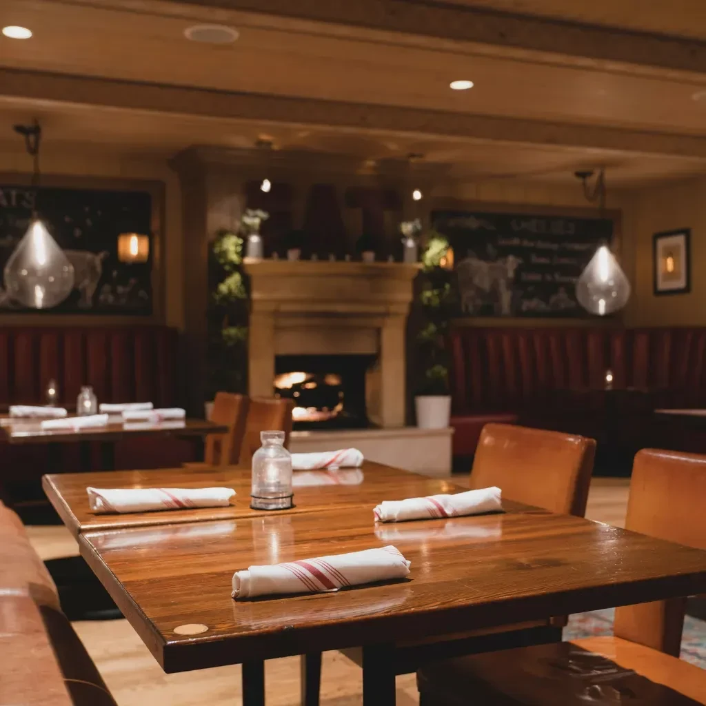 Cozy restaurant dining area with wooden tables, glowing fireplace, and "EAT" sign.