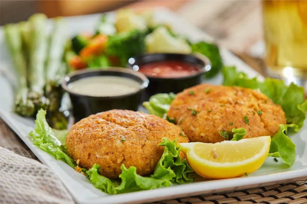 Two golden patties, lemon, and two sauces on lettuce with blurred veggies.