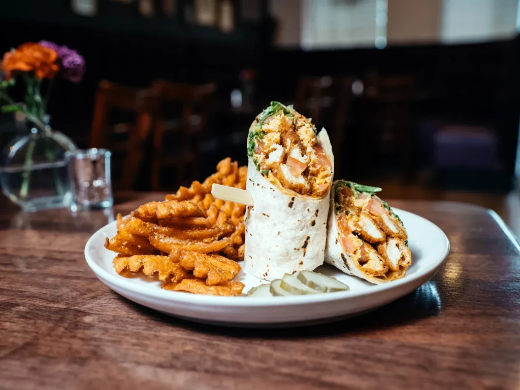 Half-cut chicken wrap, waffle fries, and pickles on a restaurant table.