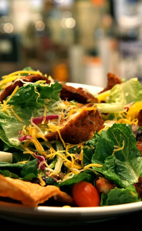 A vibrant chicken salad with lettuce, cheese, tomato, and tortilla strips.