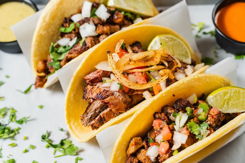 Three tacos with meat, pico de gallo, cilantro, lime, and sauces.