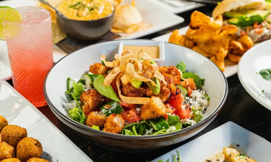 Close-up: chicken salad, pink drink, burger, fries, and fried appetizers.