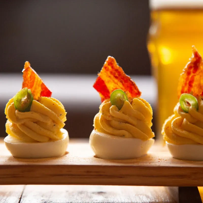 Three deviled eggs topped with bacon and jalapeño on a wooden board.
