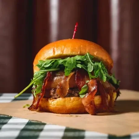 Gourmet burger with brioche bun, patty, bacon, arugula on checkered tablecloth.