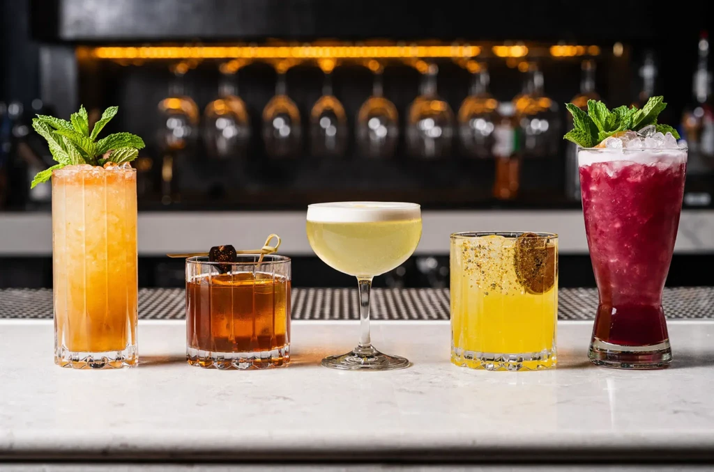 Five colorful cocktails on white marble counter, blurred bar background.