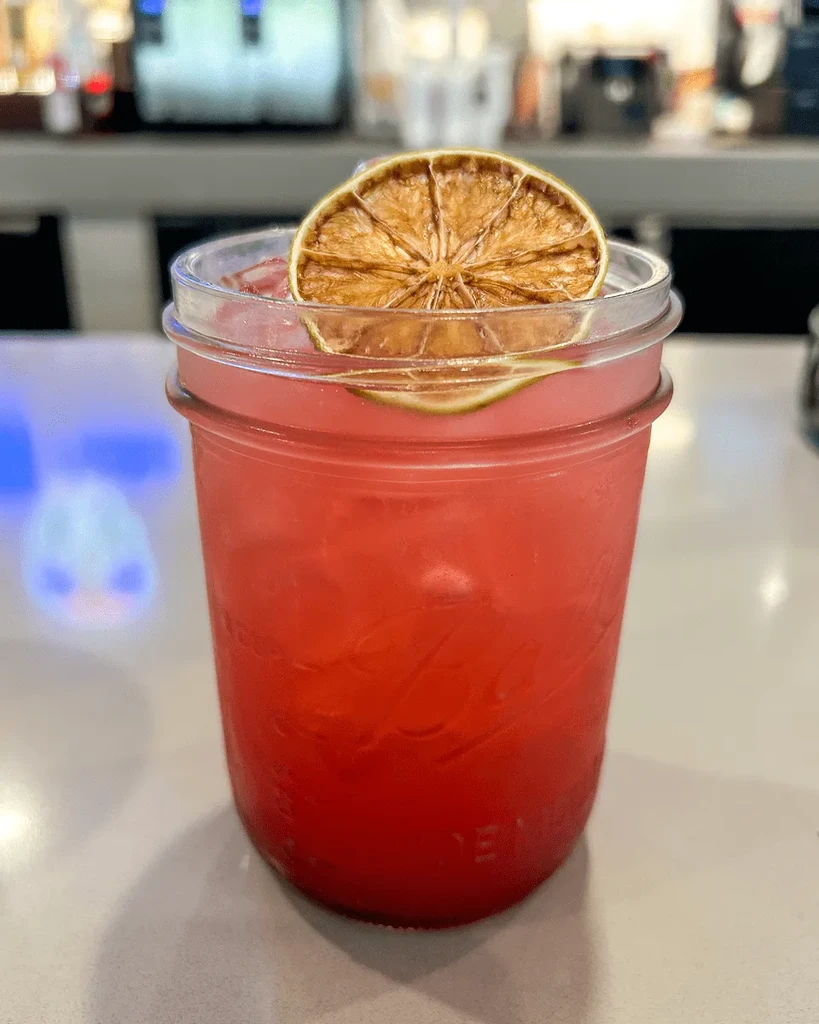 Pink cocktail in mason jar with ice and dried citrus slice.